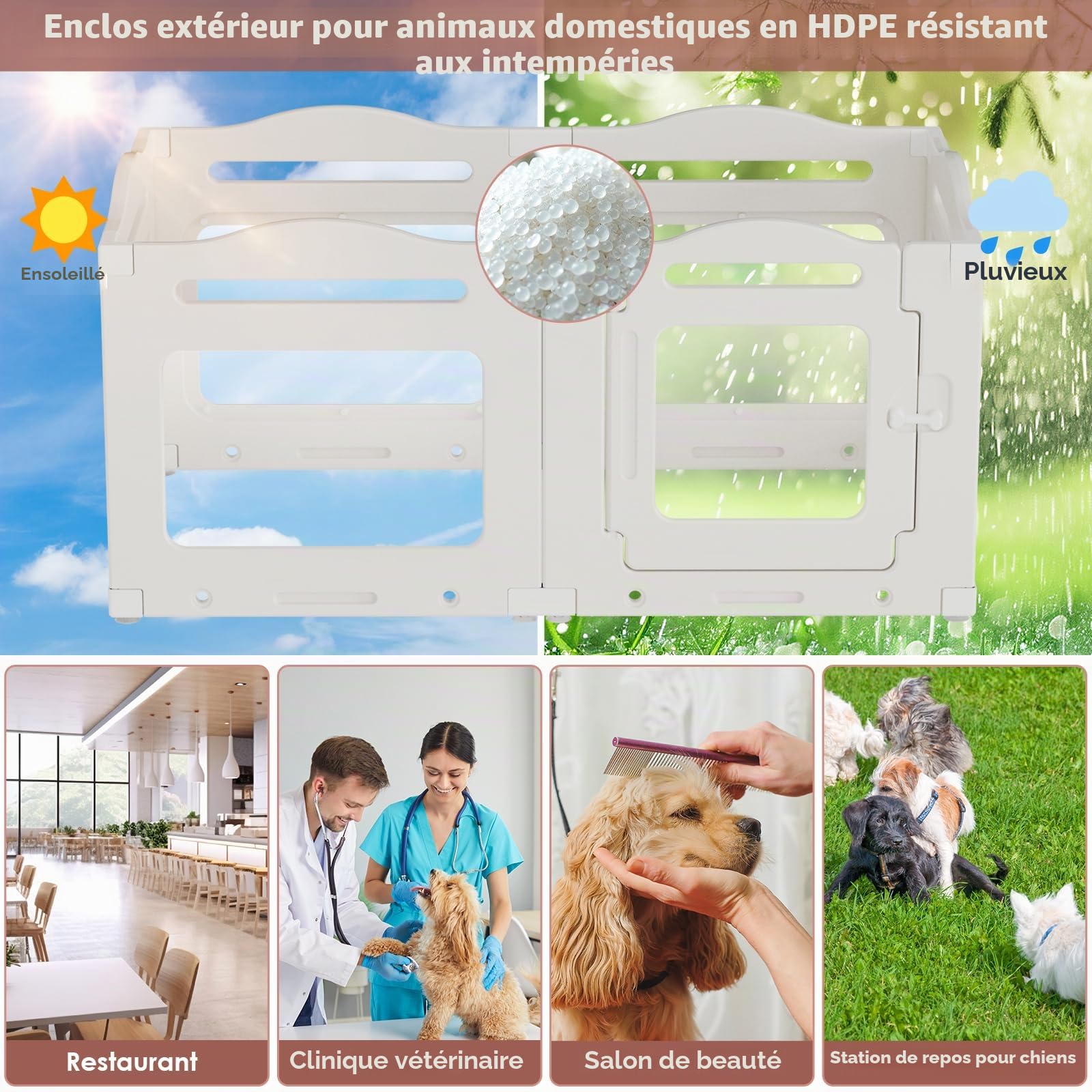 Clevich Enclos pour Chien en Acrylique 129 × 68 × 60 cm, 5 PCS +1 Panneaux avec Porte à Verrou, Clôture d'Intérieur Parc Chien Interieur, Pliable avec Ventouses, adapté aux Appartements, Blanc
