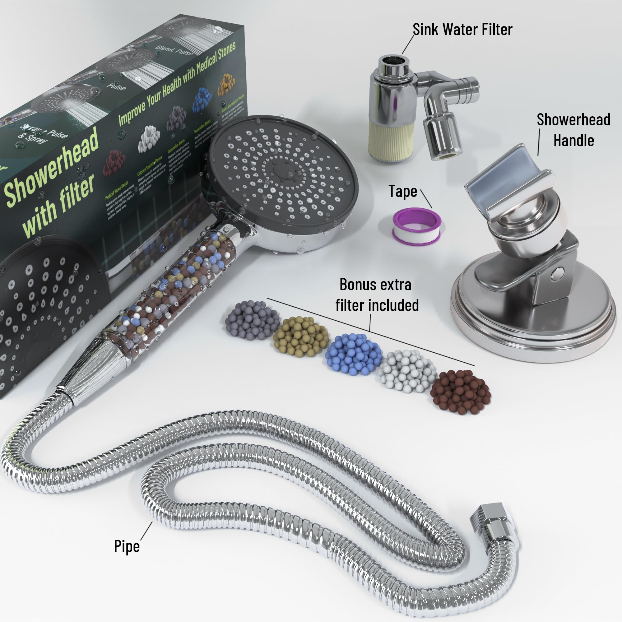 Cabezal de ducha con soporte ajustable, cabezal de ducha de alta presión con 5 modos de pulverización con 5 filtros, filtros suavizantes de agua para agua dura, elimina el cloro, filtro