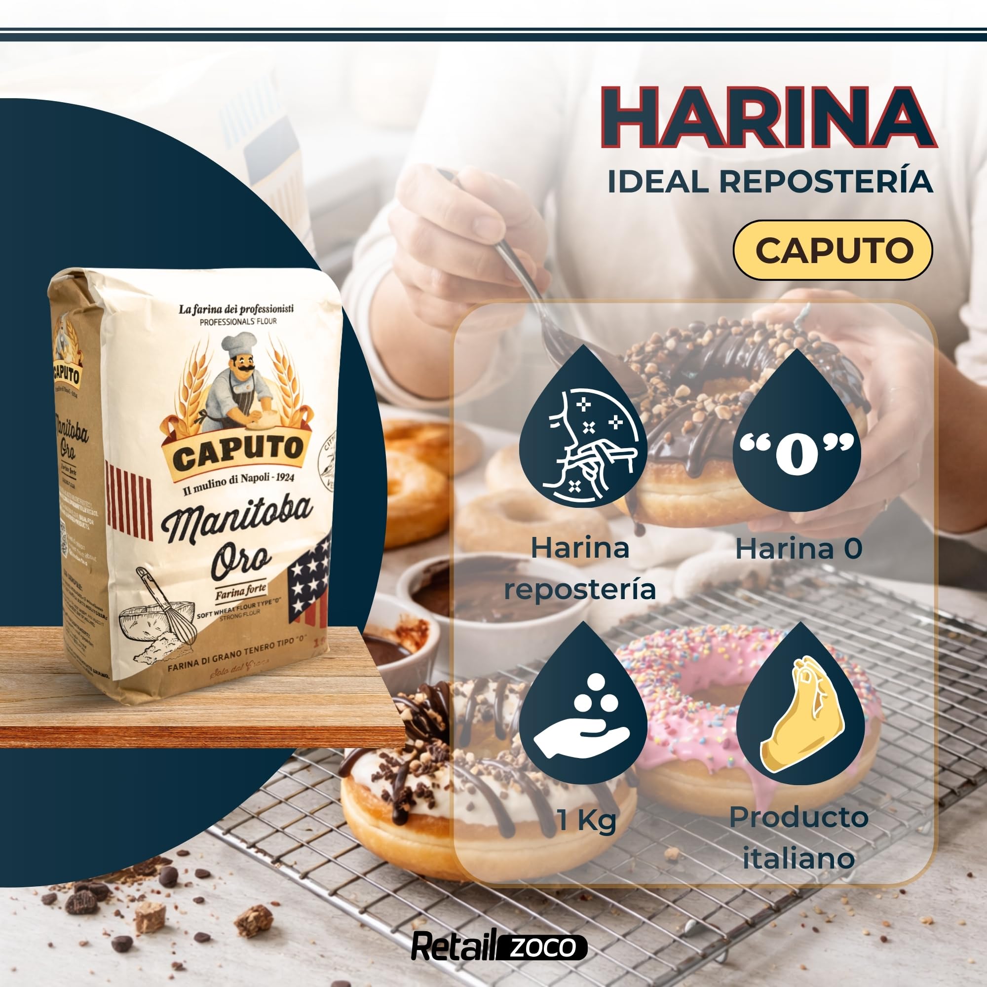Harina Caputo Manitoba Oro, Origen Italiana, elástica de alto valor proteico, ideal para repostería y productos fermentados, Tipo Harina 0, Contiene 6 unidades de 1 Kg — view 3