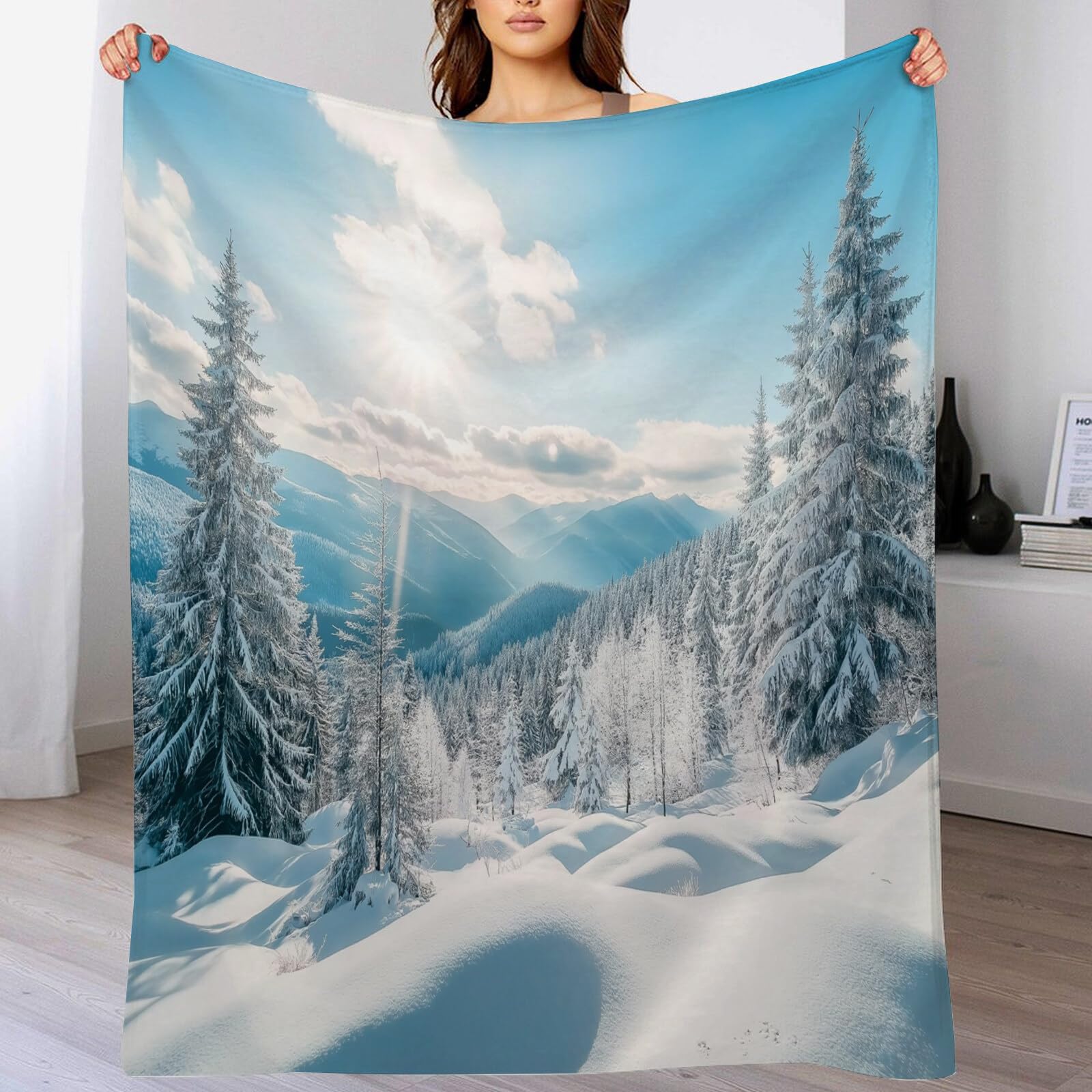 Manta De Navidad Azul Blanco Montañas del Cielo 220X240Cm Suave Cálida Y Peluda Decoración Navideña,Acogedora Invierno Natural Adolescentes De Adultos para TV Sofá En Vacaciones