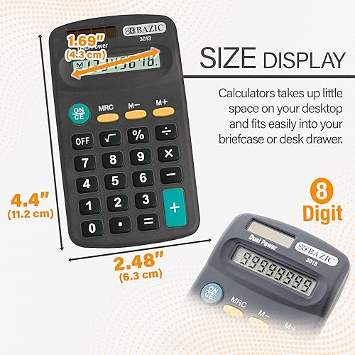Miniatura 2 de BAZIC - Calculadora de tamaño de bolsillo de 8 dígitos, energía solar y batería de doble potencia, pantalla LCD, mini calculadoras básicas de Negro