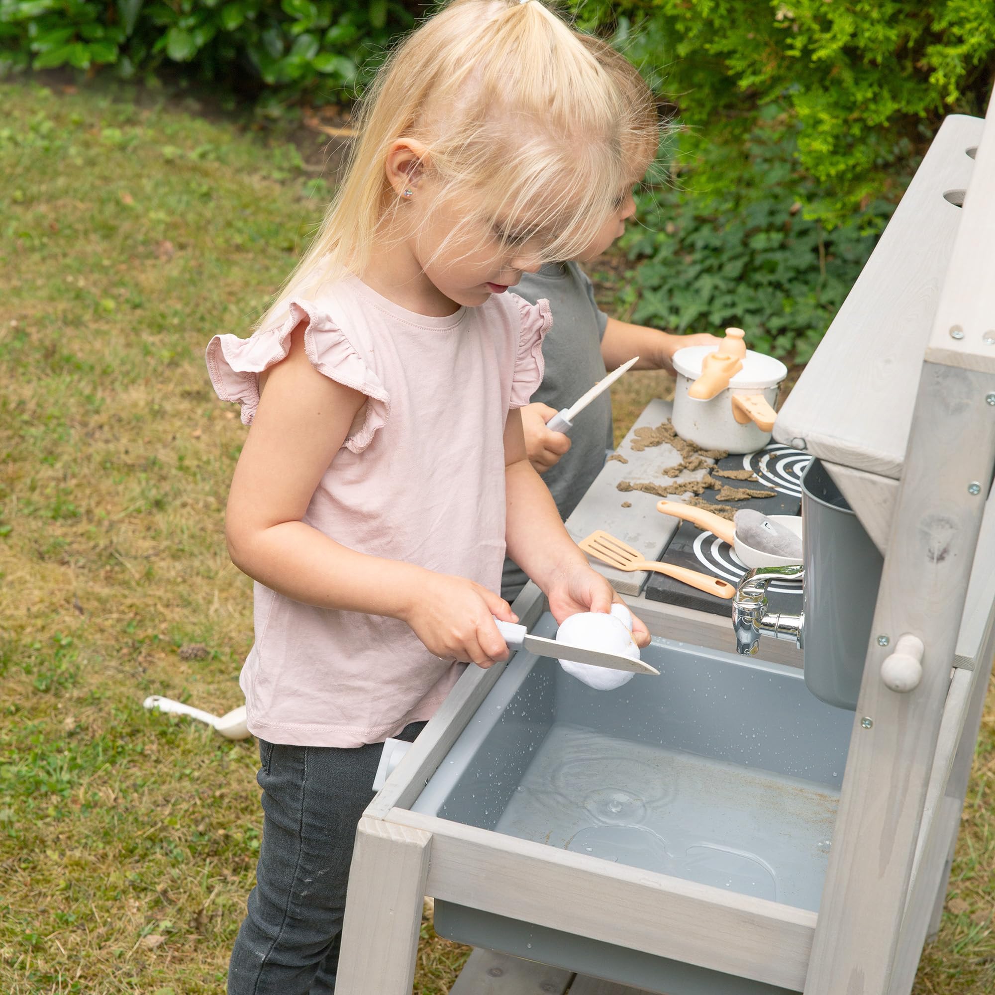 roba Cocina para Niños con Diseño de Casa - Cocinita de Juego Funcional para Exteriores con Accesorios - Madera Maciza Certificada FSC - Gris Esmaltado