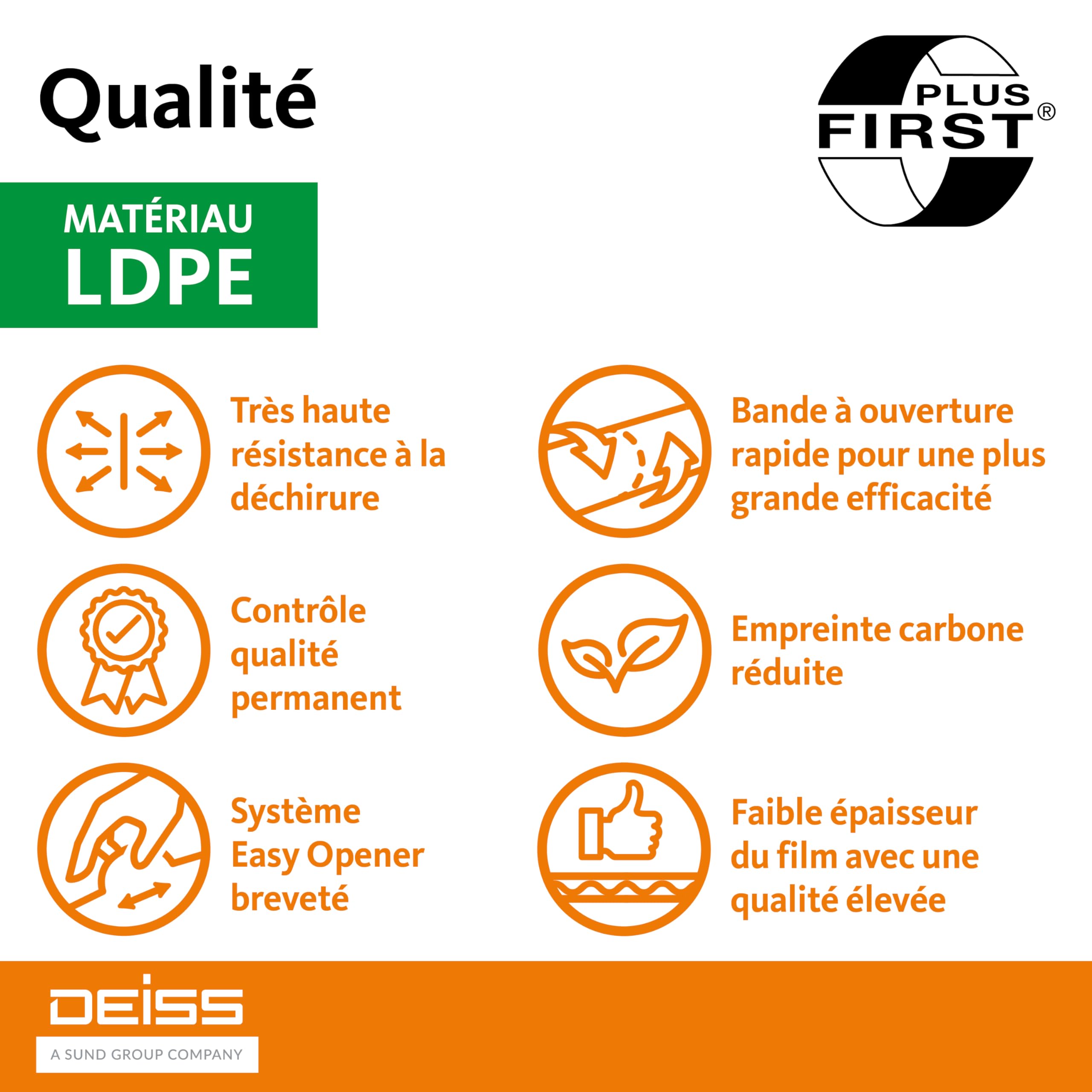 Image secondaire de DEISS FIRST PLUS Sac Poubelle 80L – 610×850 mm, Blanc, LDPE Recyclable, Ultra Résistant avec Easy Opener – Rouleau de 50 Sacs