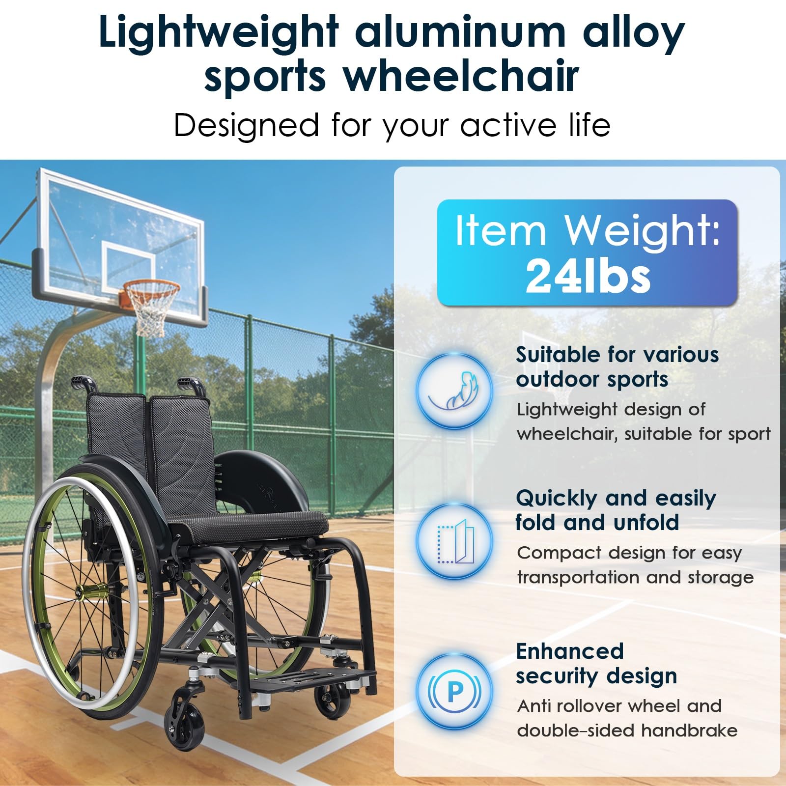 Silla de ruedas manual ligera, silla de ruedas deportiva ultraligera portátil todo terreno, silla de ruedas plegable, sillas de ruedas de transporte con antivuelco(Green A,40cm/15.7in)