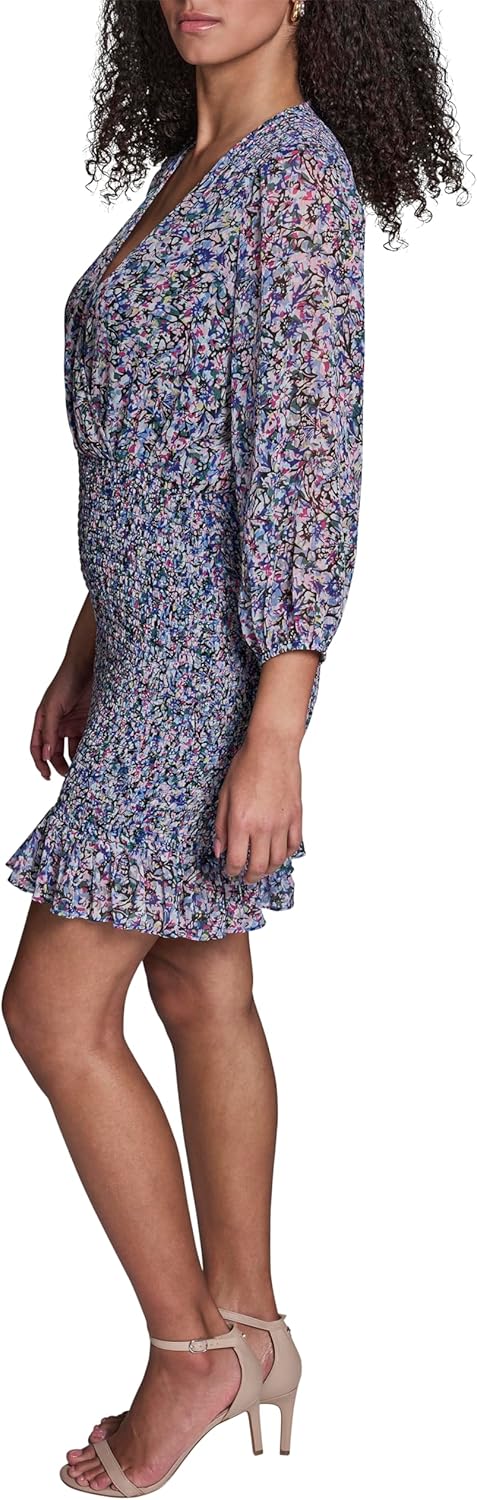 BCBG Womens Long Sleeve V Neck Smocked Chiffon Ruffle Hem Mini Dress - Image 3