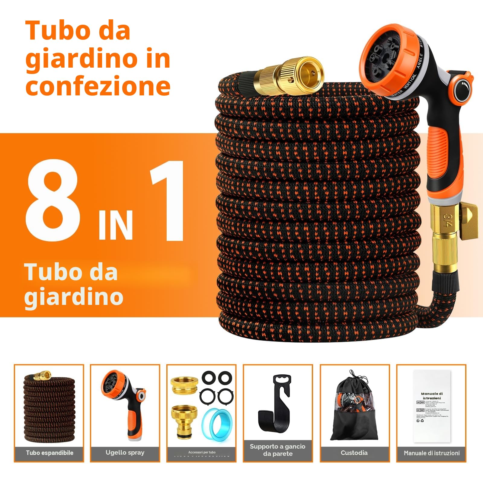 Edonkvi Tubo Acqua Giardino 45 Metri, Tubo Estensibile da Giardino con 10 Funzioni Pistola, Gomma Canna Dell'acqua per Innaffiare, Flessibile Pompa Allungabile Raccordo in Ottone da 1/2" 3/4" Attacco