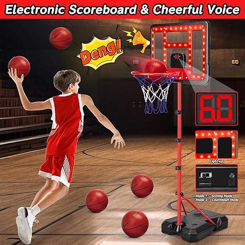 Miniatura 2 de Aro de baloncesto para niños, altura ajustable de 3.5 a 6.2 pies, aro de baloncesto para interiores y exteriores con marcador y LED, juguete de