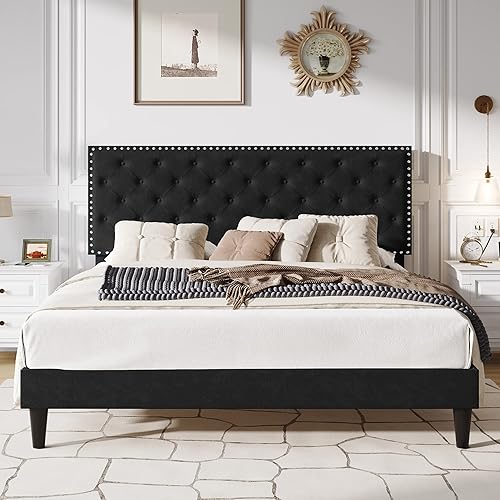 Miniatura 30 de SHA CERLIN Base de cama de terciopelo tamaño Queen con cabecera ajustable, botón de diamante y decoración de remaches, no necesita somier, color