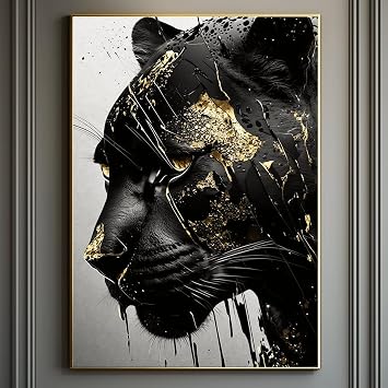Black Panther Print Wall Art Abstract Panther Prints Black and Gold Poster Black Panther Wall Decor Black Panther Poste Panther Painting Wildlife Animal Pictures Poster for Room 16x24inch Umframed