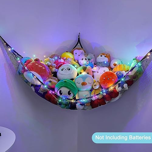 Miniatura 7 de Red de animales de peluche o hamaca organizador de almacenamiento de juguetes para niños con luz LED Unicorn Castle colgante esquina animales de