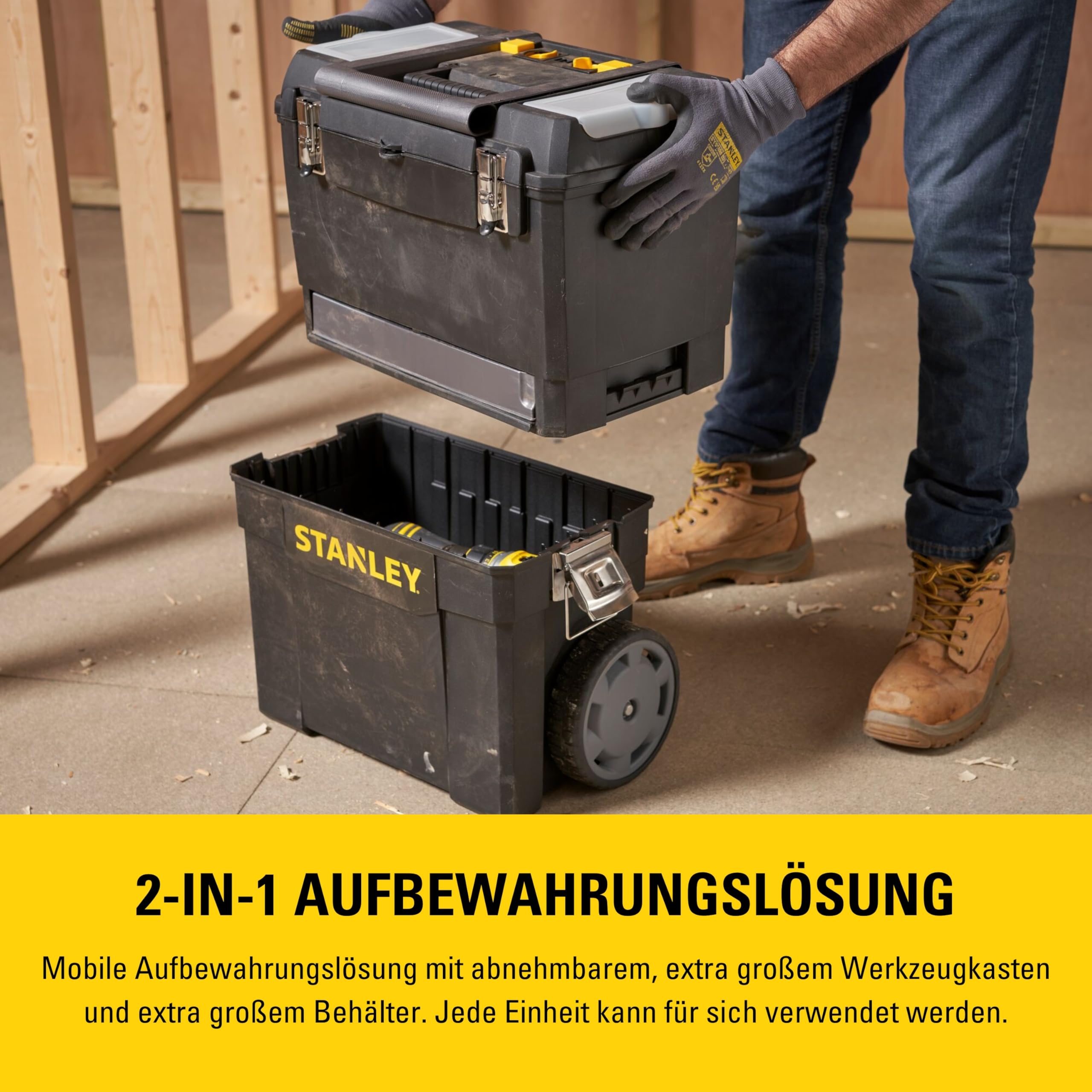 STANLEY Rollende Werkstatt, zwei separat verwendbare Werkzeugboxen, robuster Kunststoff, große Schwerlasträder, mit Metallschließen & Organizer im Deckel, 1-93-968
