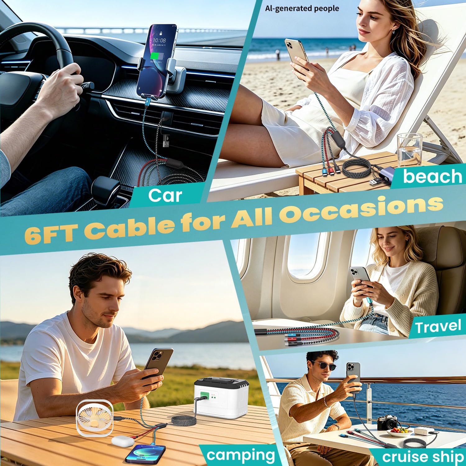 Travel Essentials - Cavo di ricarica multiplo 4 in 2, USB A/C, con tripla porta di tipo C e IP, cavo di ricarica universale per iPhone, Android/tablet, cavo di ricarica multiplo, confezione da 2, 1,8