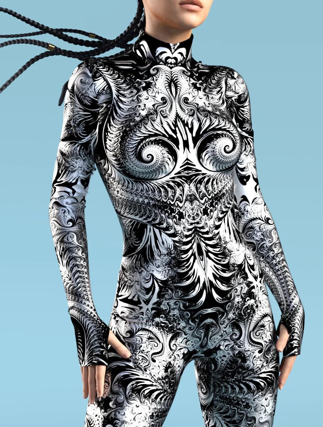 Womens Full Body Swirl Print Jumpsuit Black and White Long Sleeve Stretch Bodysuit for Rave Halloween Clubwear