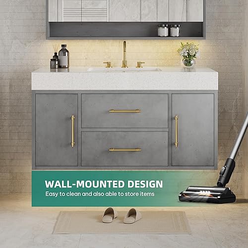 Miniatura 10 de DWVO Tocador de baño flotante negro de 40 pulgadas, tocador de baño montado en la pared con encimera de piedra de cuarzo blanco y lavabo