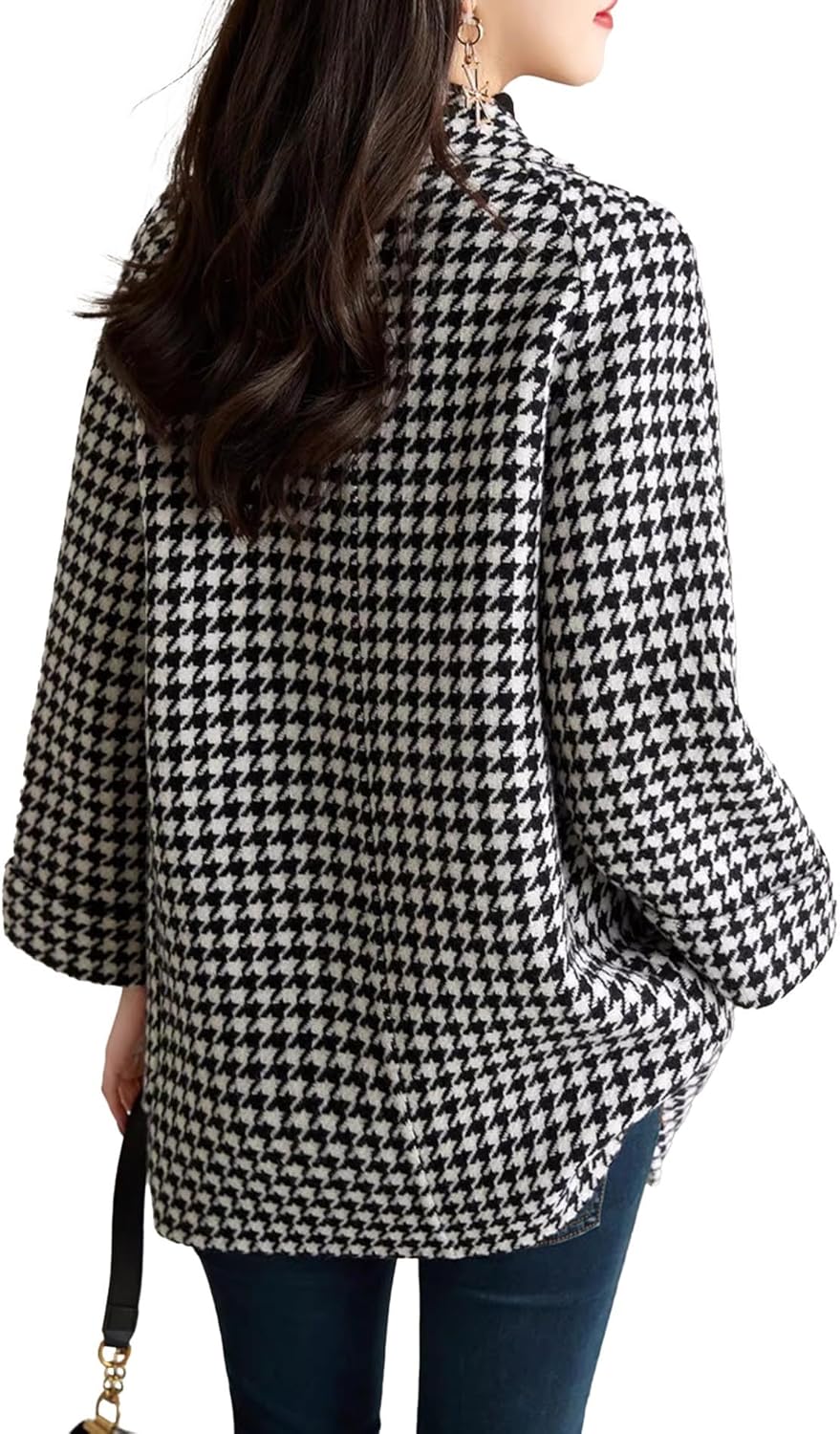 SOMTHRON Women's Houndstooth Blazer Jackets Double Breasted Notch Lapel Trench Coat Peacoat Plaid Overcoat - Image 2