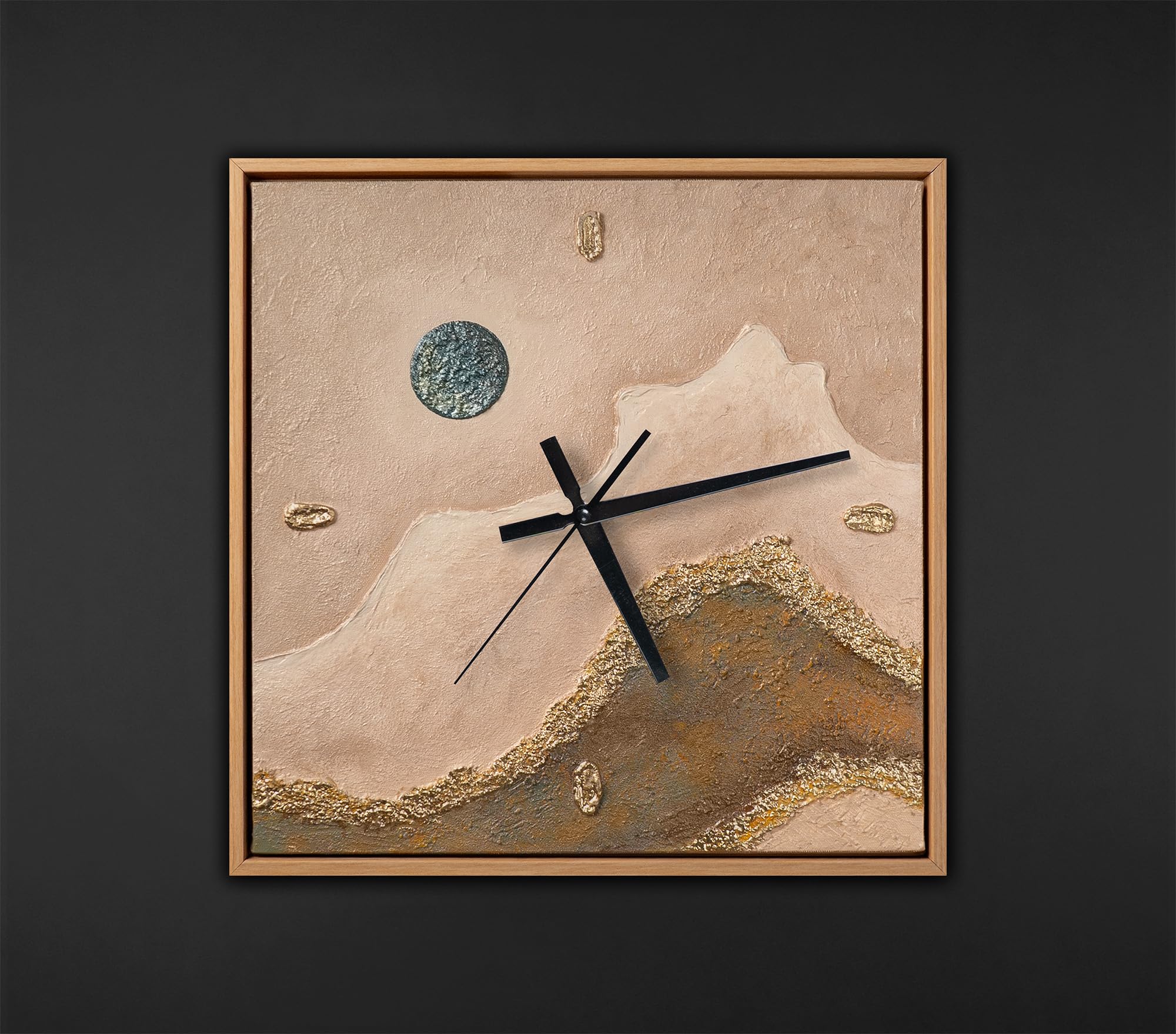 YS Wall Clock Hand Painted 35 x 35 cm - Abstract Desert with Turquoise Moon & Gold Art Gallery