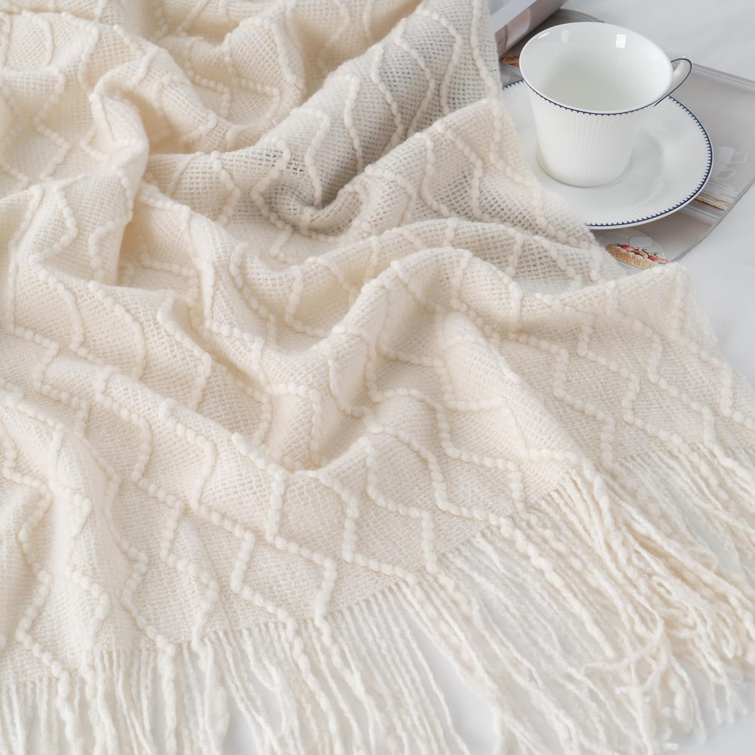 BATTILO HOME Ivory White Throw Blankets for Couch, Off White Lightweight Decorative Blankets and Throws, Boho Warm Knit Blanket for Men and Women, 50"x60" - Image 4