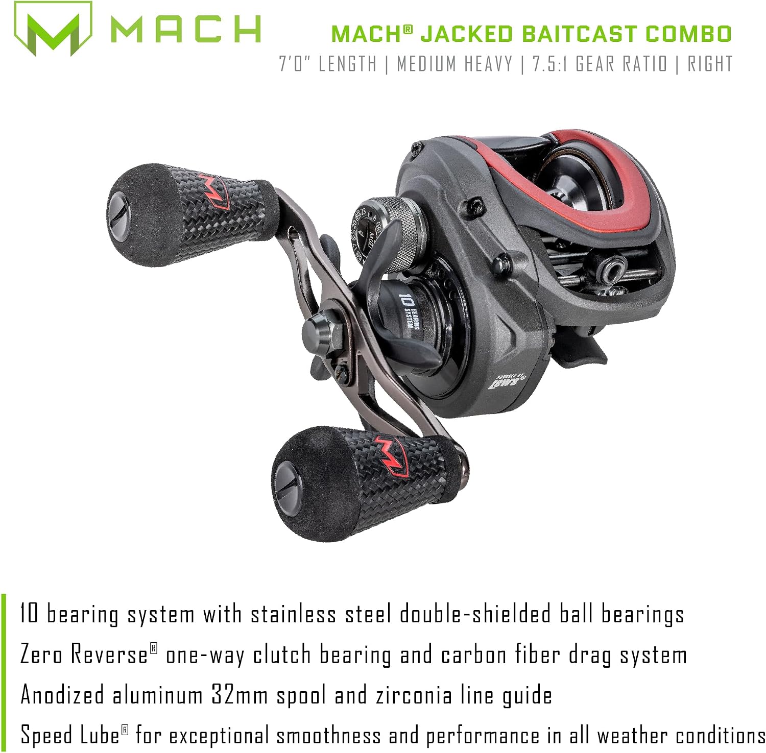Lew’s MACH Jacked Baitcast Reel and Fishing Rod Combo, HM50 Graphite Rod, Tanso Tech Reel Frame and Sideplate, Carbon Fiber Drag System, 7.5:1 Gear Ratio