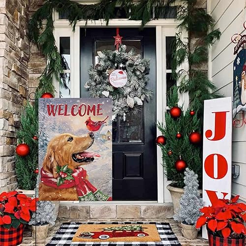 Miniatura 7 de Bandera decorativa de invierno con texto en inglés "Welcome Winter Golden Retriever" para perro, cachorro, cardenal, pájaro rojo, mascota, patio,