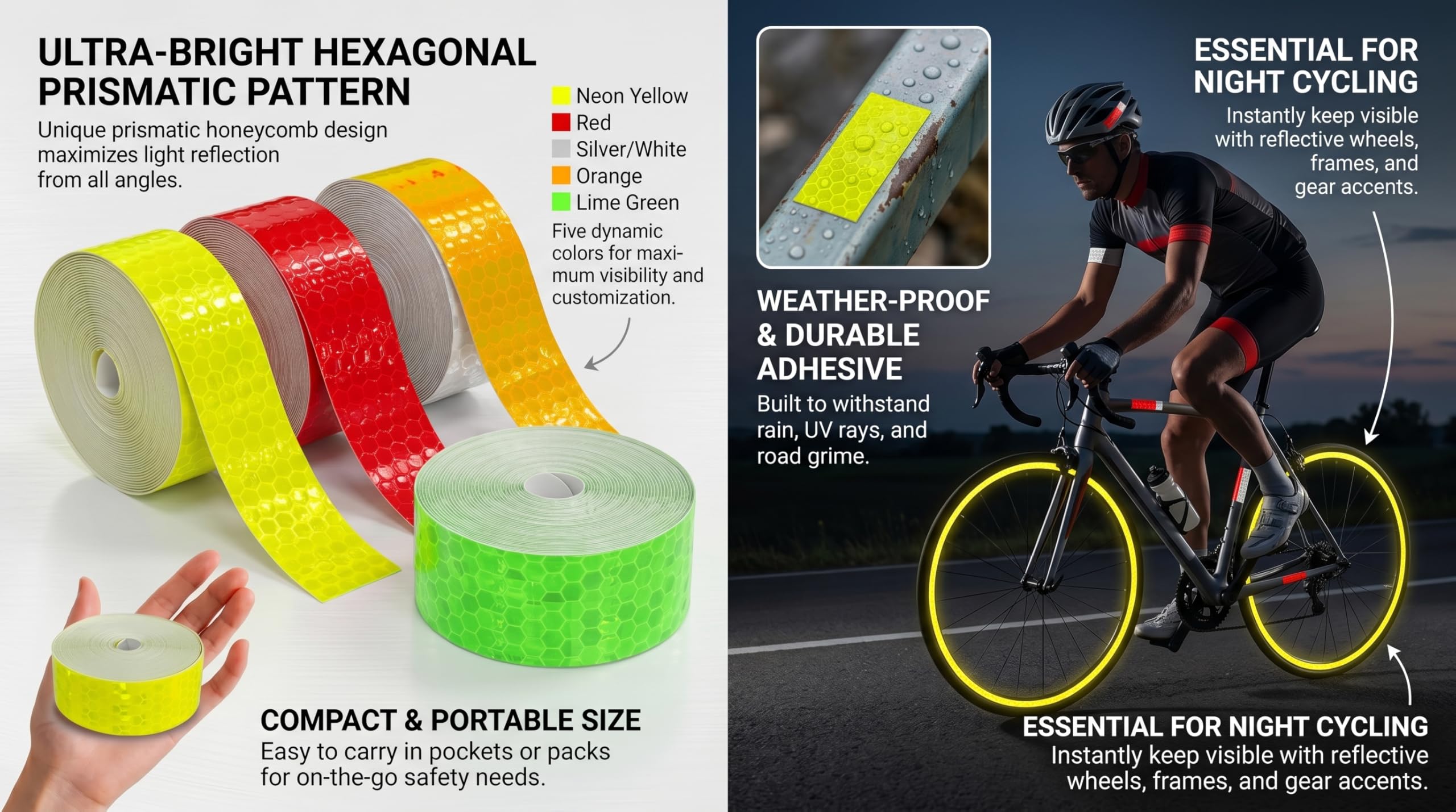 Nastro Catarifrangente Adesivo 25m, Set 5 Rotoli, Colori Rosso, Bianco, Giallo, Verde, Arancio, Alta Riflettenza, Facile da Usare, Adatto per Auto, Moto, Biciclette, Abbigliamento e Accessor