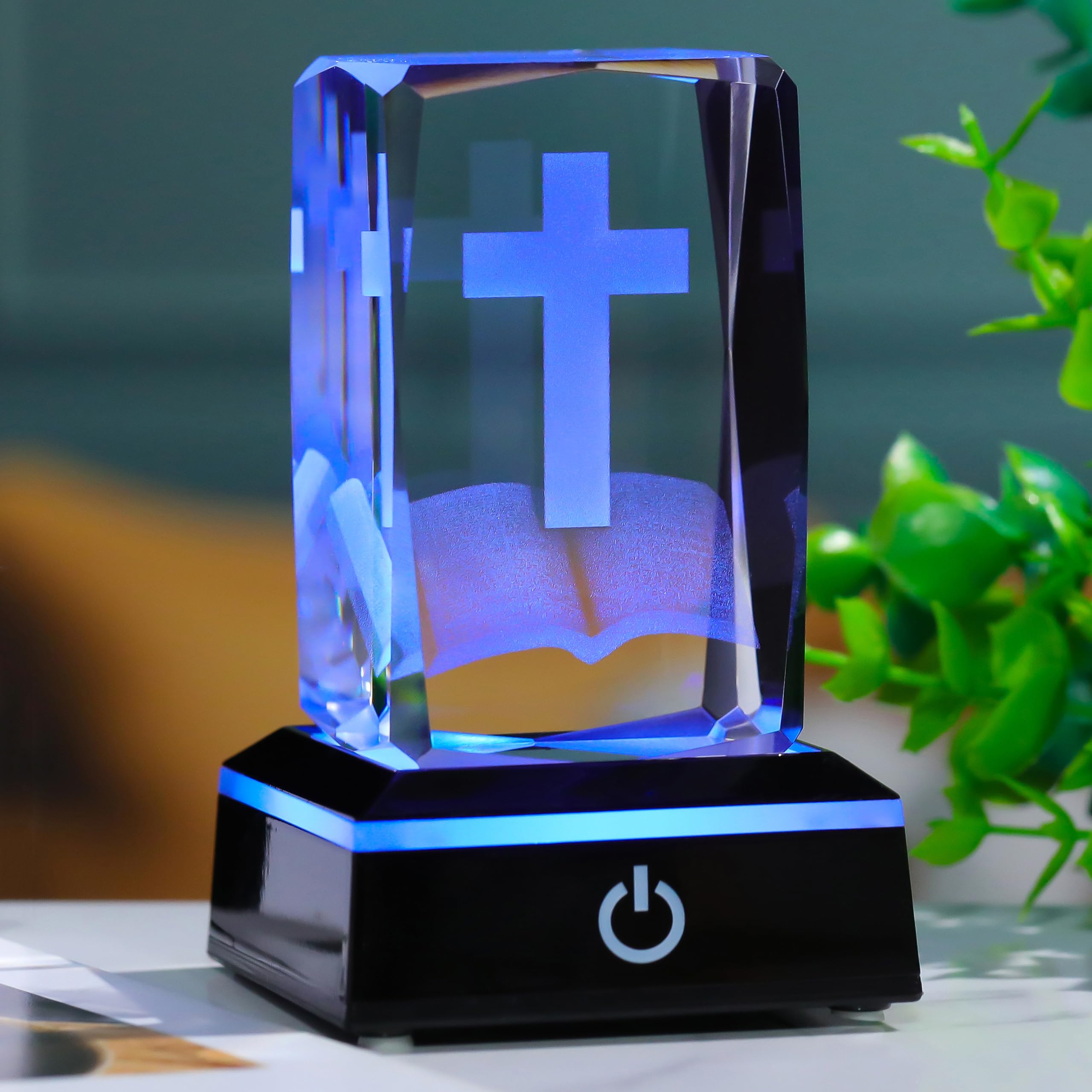 QIANWEI3D Crystal Cross Bible Figurine with Colorful Light Base, Laser Engrave Religious Gifts for Women Man Christian Gifts for Friend Sister