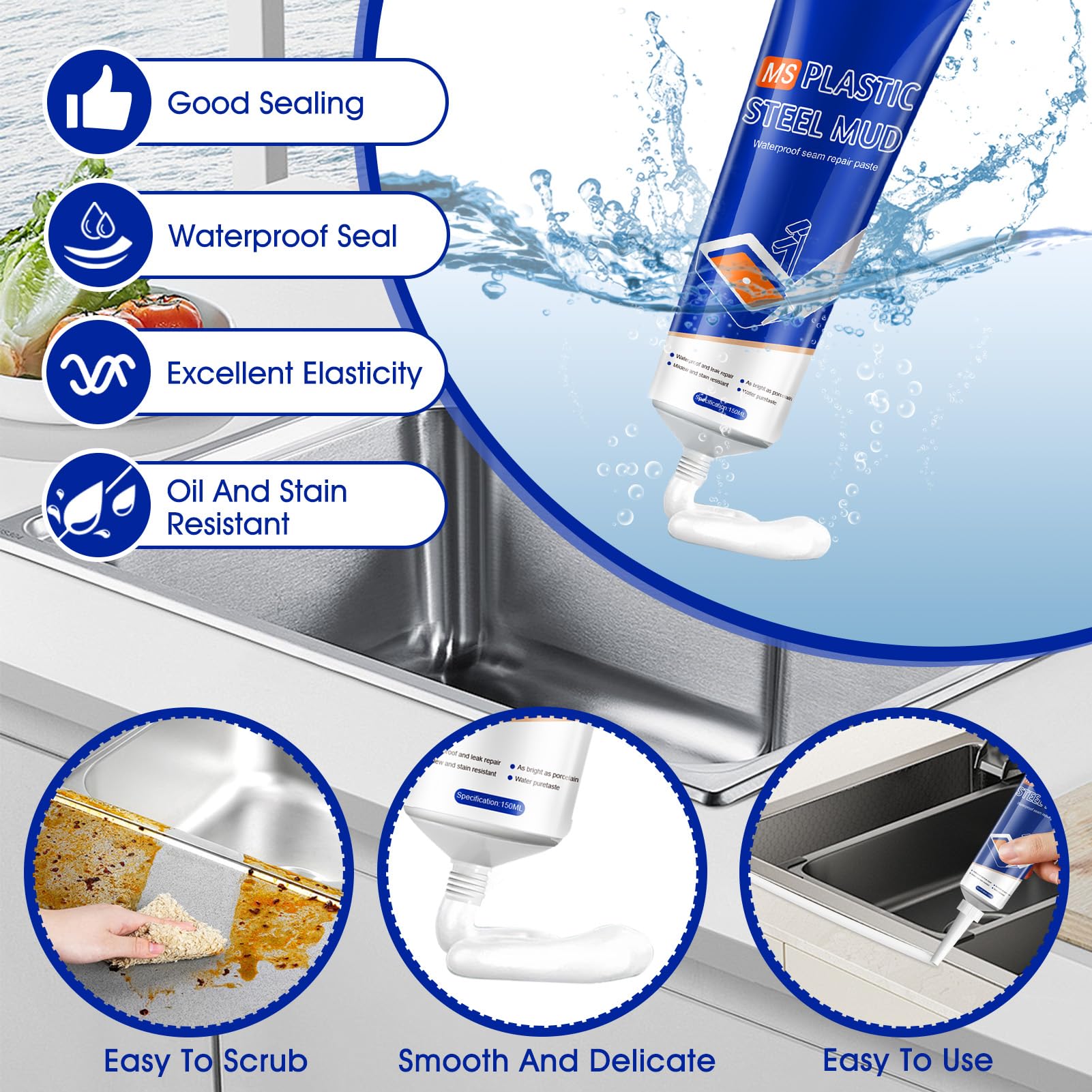 Silicone per Doccia, Silicone Bianco Sigillante, Silicone Sigillante Impermeabile, Silicones Alimentare, Silicona Blanca para Cocina y Baño, Non Facile da Rompere, 150ml*2