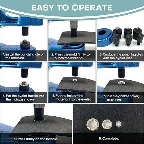 Miniatura 5 de FLKQC Máquina de ojales de prensa a mano  Máquina de ojales de prensa de mano resistente con 3 troqueles (#0#2#4), 3000 ojales con ojales, una manga