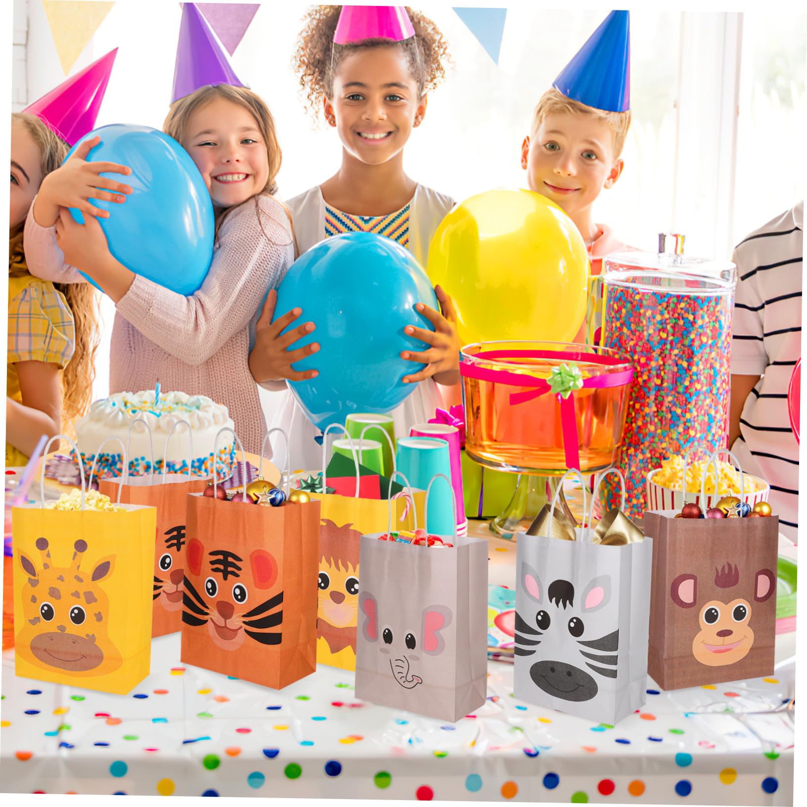 LOORGVEL Ebene Papiertüten mit Tiermotiven aus Kraftpapier mit Griffen 24 Stück Praktische Partytüten Mittelgroße Kindertaschen für Kindergeburtstage für Thanksgiving und Shower