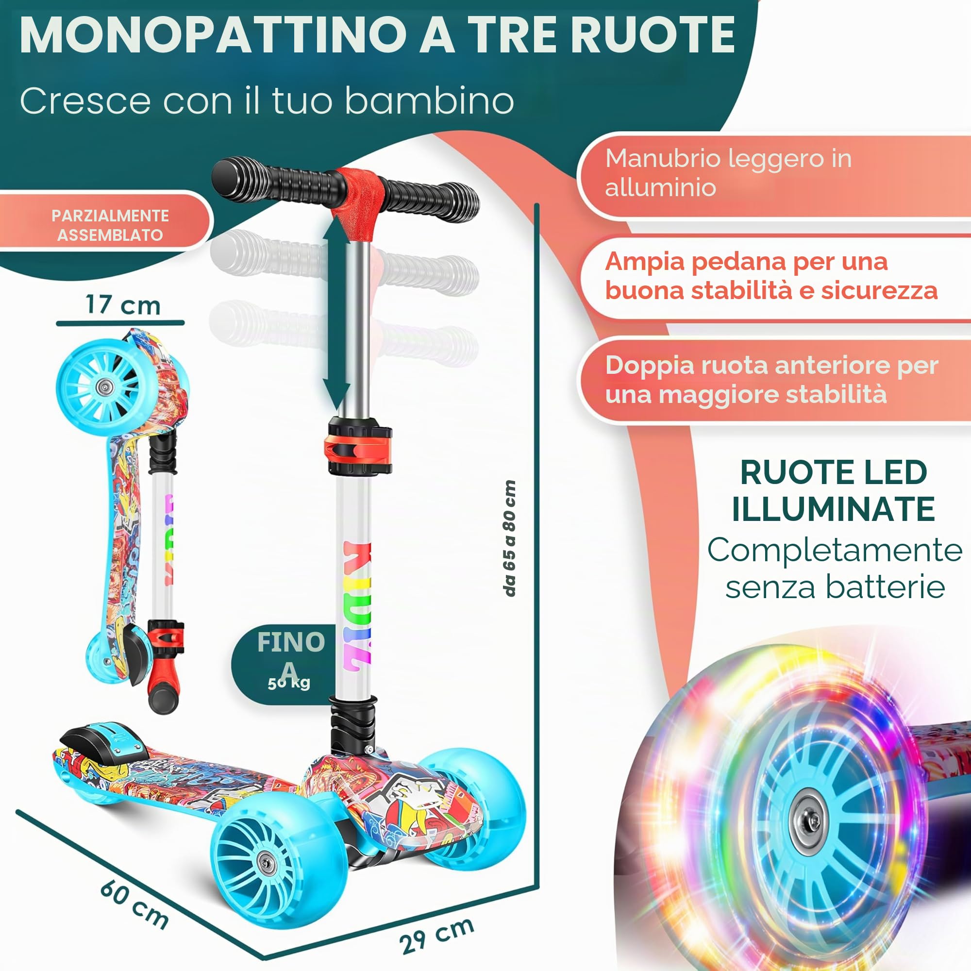 KIDIZ® Scooter Scooter per bambini X-Pro2 Triciclo Scooter con ruote luminose a LED in PU Scooter a pedali pieghevole Scooter da città regolabile in altezza Scooter per bambini ragazze 3-12 anni