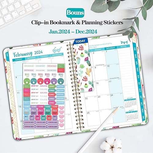 Miniatura 2 de Agenda 2024 semanal y mensual, agenda 2024 en espiral con pestañas mensuales, bolsillo trasero, calcomanías, agenda de tapa dura, tamaño A5, enero