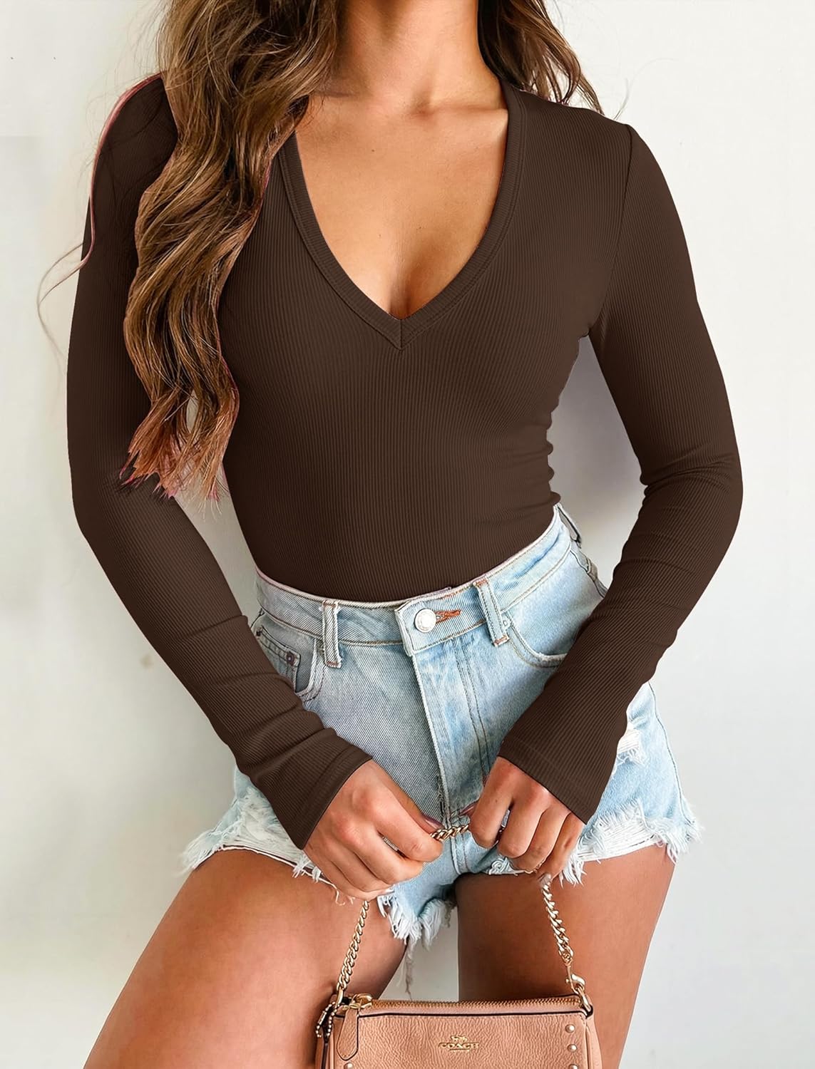 Prettywear Sexy Deep V Neck Long Sleeve Shirts for Women Ribbed Going Out Tops Fitted Casual Basic 2026 Spring Summer Clothes - Image 4