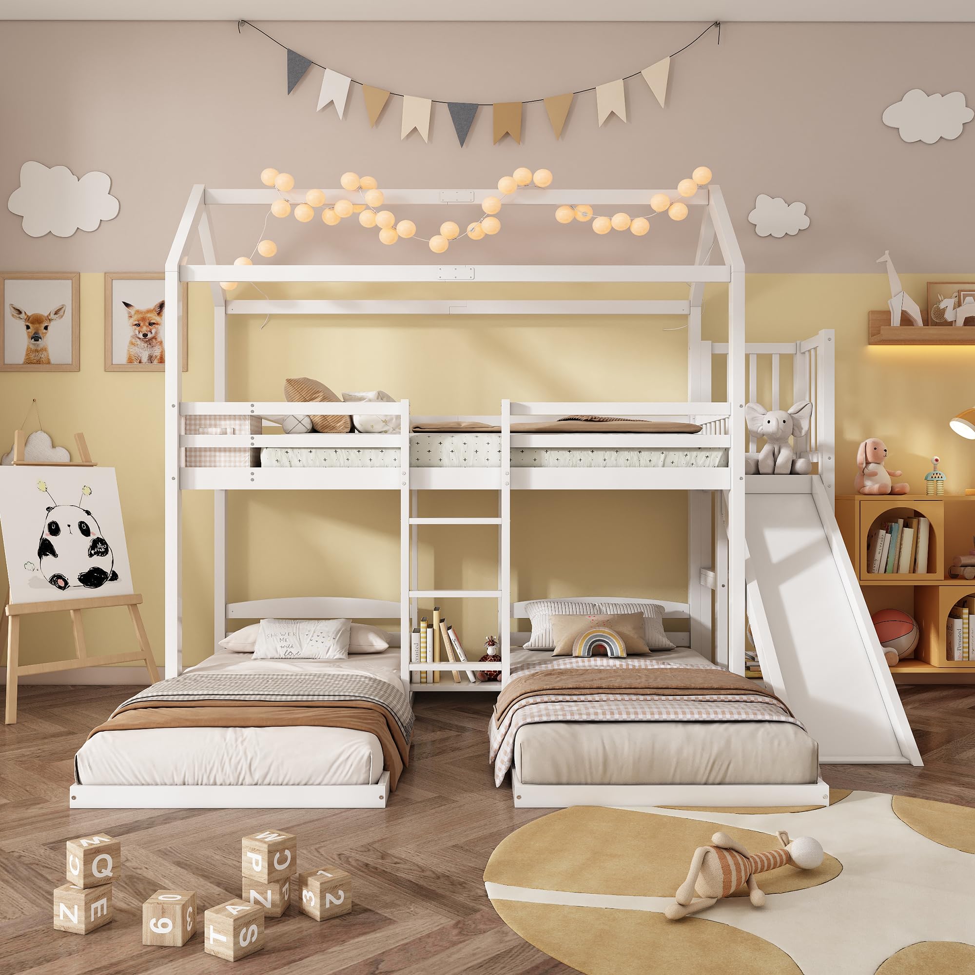 Letto a Castello 90 x 200 cm, Letto a Castello con Scivolo e 3 Posti Letto, per Ragazzi e Bambini (senza Materasso)