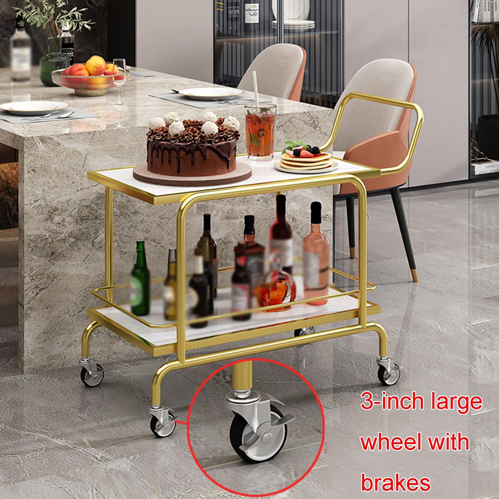 Carrito de servicio de habitación de hotel de 2 niveles, marco reforzado, pintura para horno de alta temperatura, lados de seguridad elevados, ruedas grandes de 3 pulgadas con frenos, perfecto para un