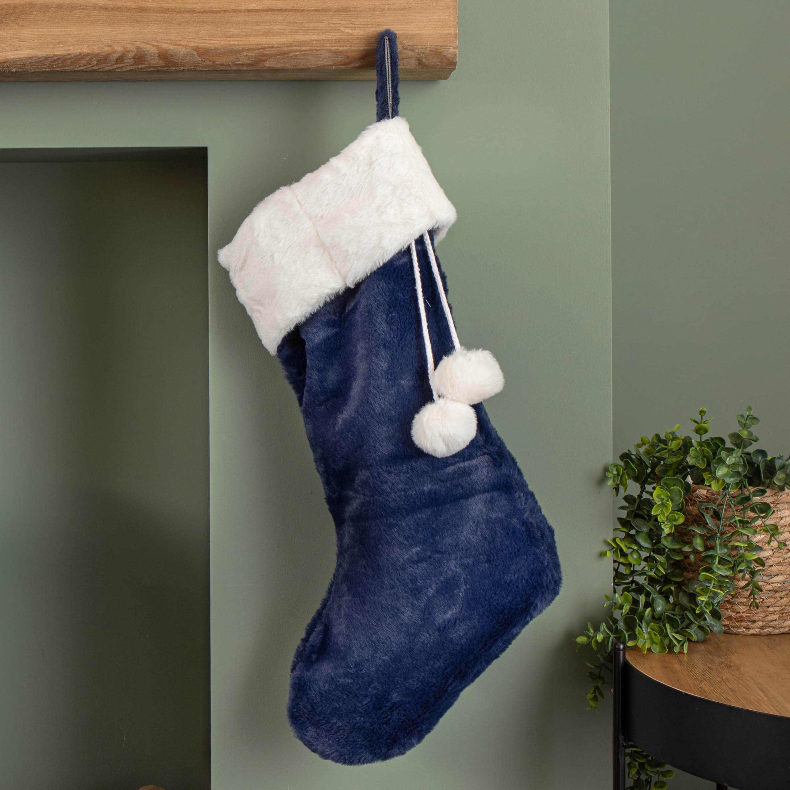 Samuel Alexander Blush 55Cm Blue Soft Plush Hanging Christmas Stocking With Faux Fur Trim And Pom Poms