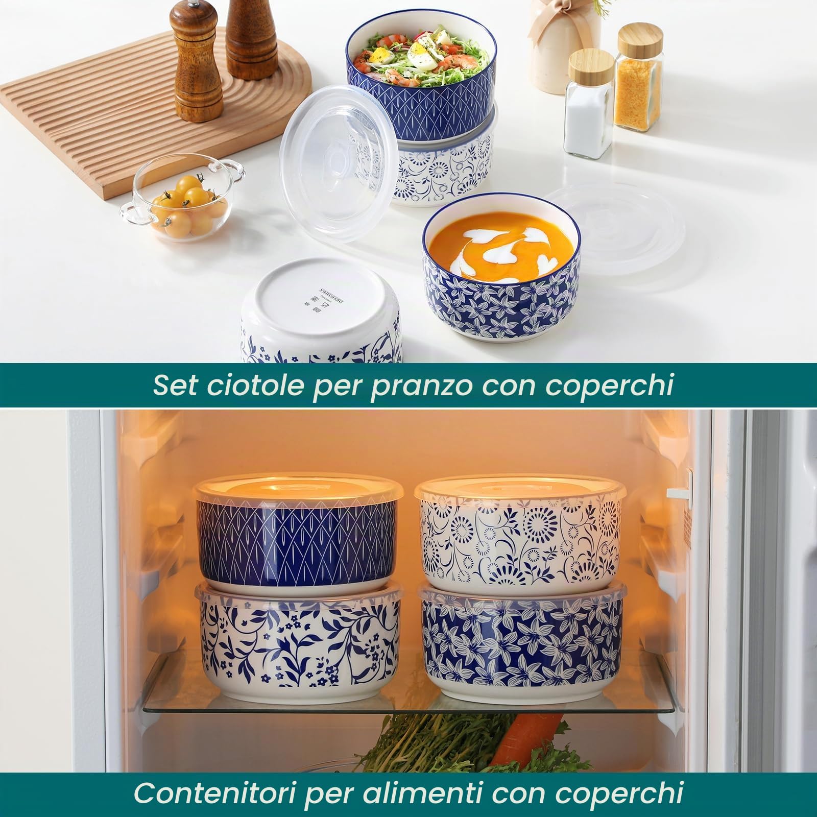 vancasso SELENE - Set di 4 Contenitori per Alimenti, Lunch Box in Ceramica, Contenitori per la Cucina, Ideali per Cereali, Insalate, Ramen, Utilizzabili in Microonde e Congelatore - Bianco e Blu