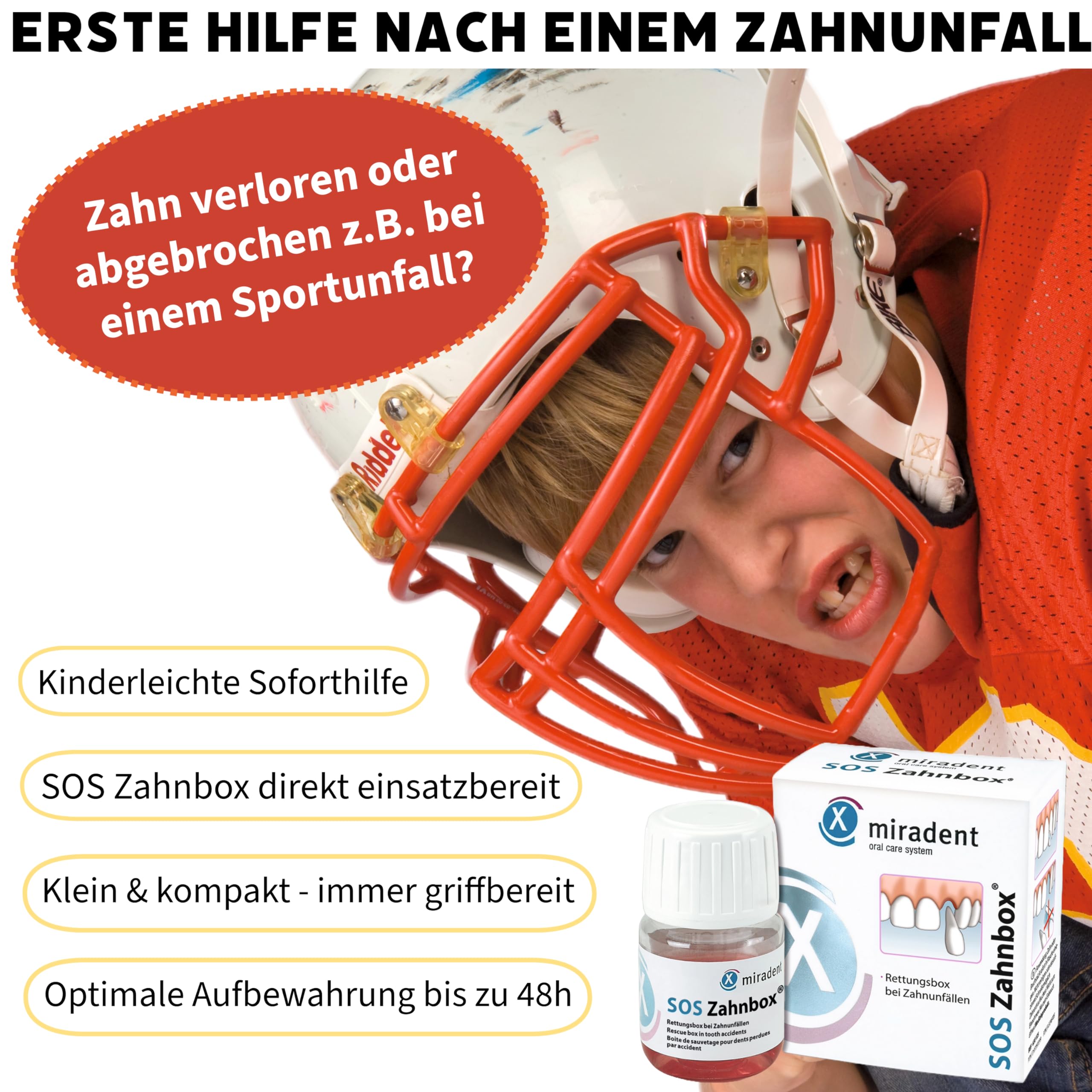 Miradent SOS Zahnbox® | Zahnrettungsbox für ausgeschlagene Zähne & Frontzahntrauma | Nährlösung erhält Zellen für eine Replantation & Einheilung des verlorenen Zahns | Aufbewahrung bis zu 48h