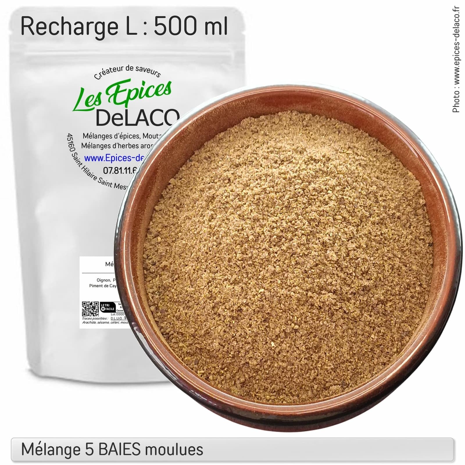 Mélange 5 BAIES MOULUES 290g L | Les Epices DeLACO | Epices, herbes, aromates, aide culinaire pour assaisonnement : viandes, poissons, légumes, marinades, barbecue, grillades