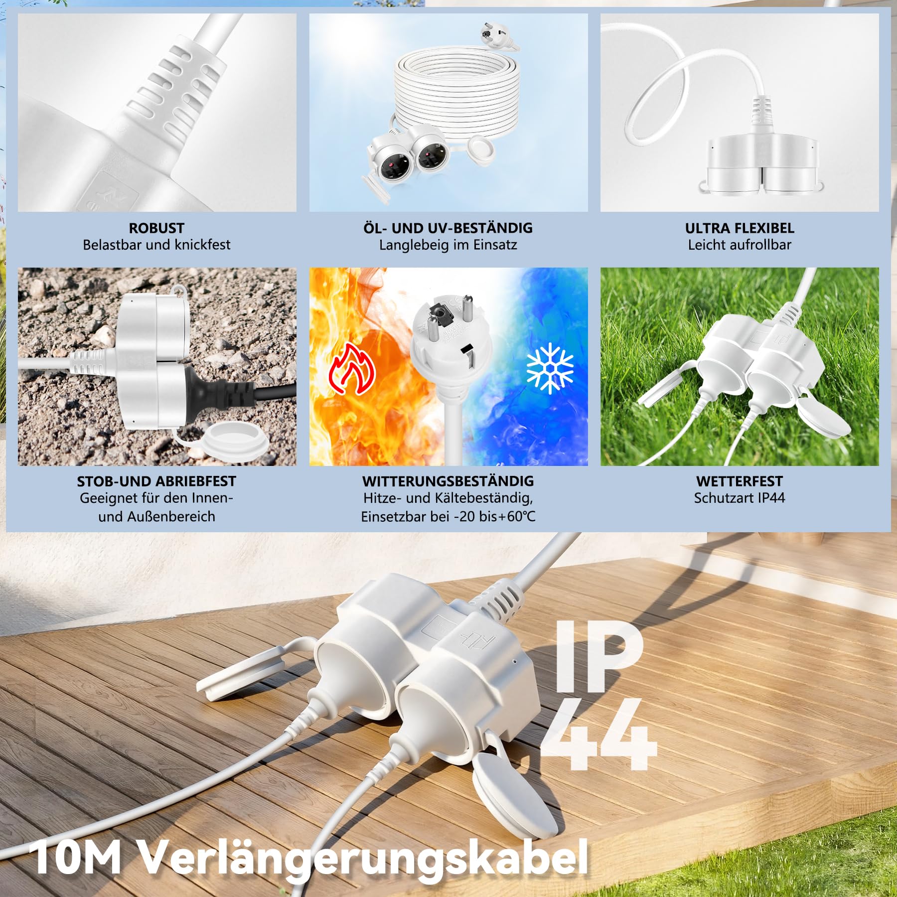 Stromkabel Verlängerung, Aussensteckdose wasserdicht mit 2 Steckdosen und Staubschutzabdeckungen, Steckdosenverlängerung für Innen und außen,Max 3500W/16A 250V,IP44, 10M Stromkabel(Weiß)