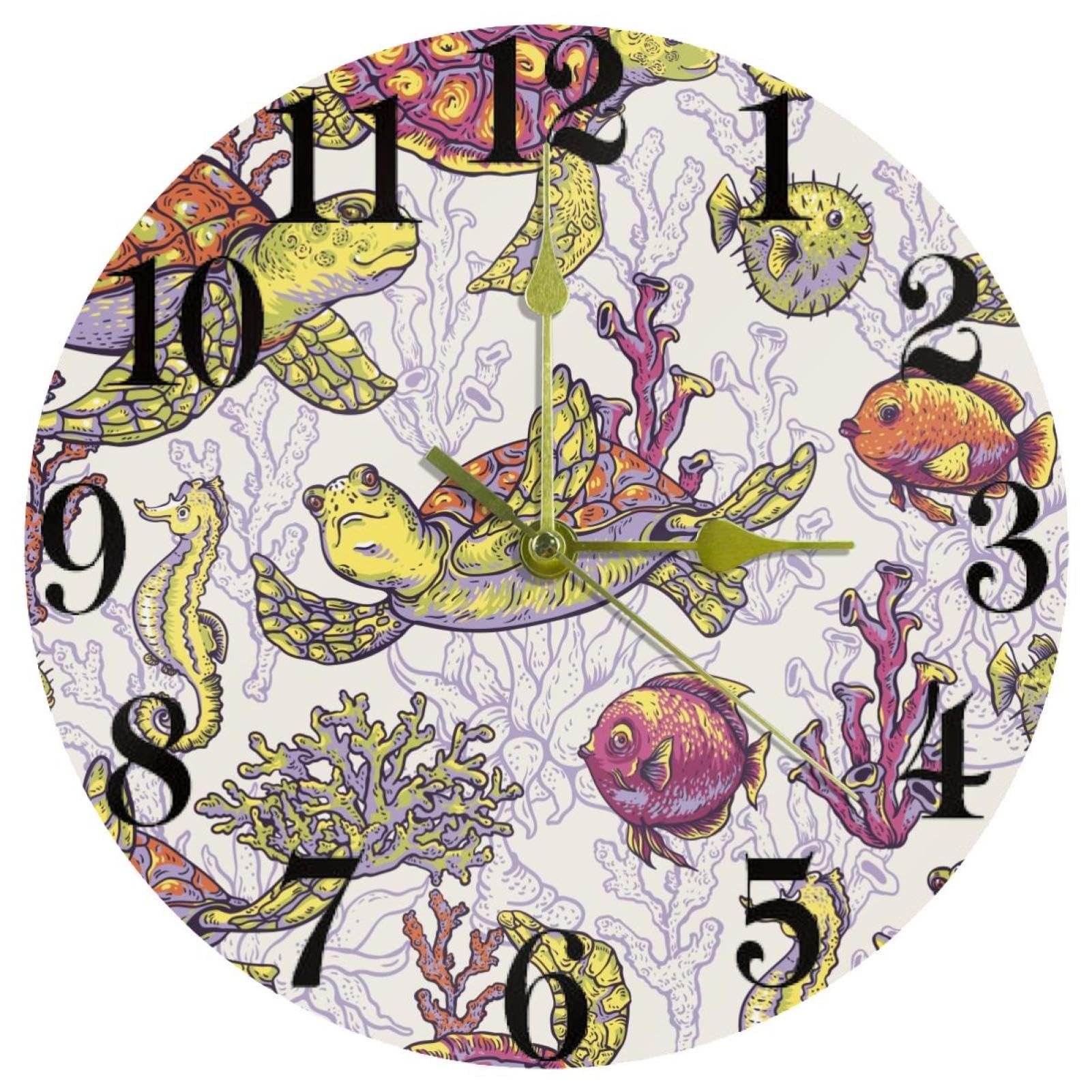 Horloge silencieuse à quartz motif coraux et tortue pour un intérieur sans aucun tic-tac