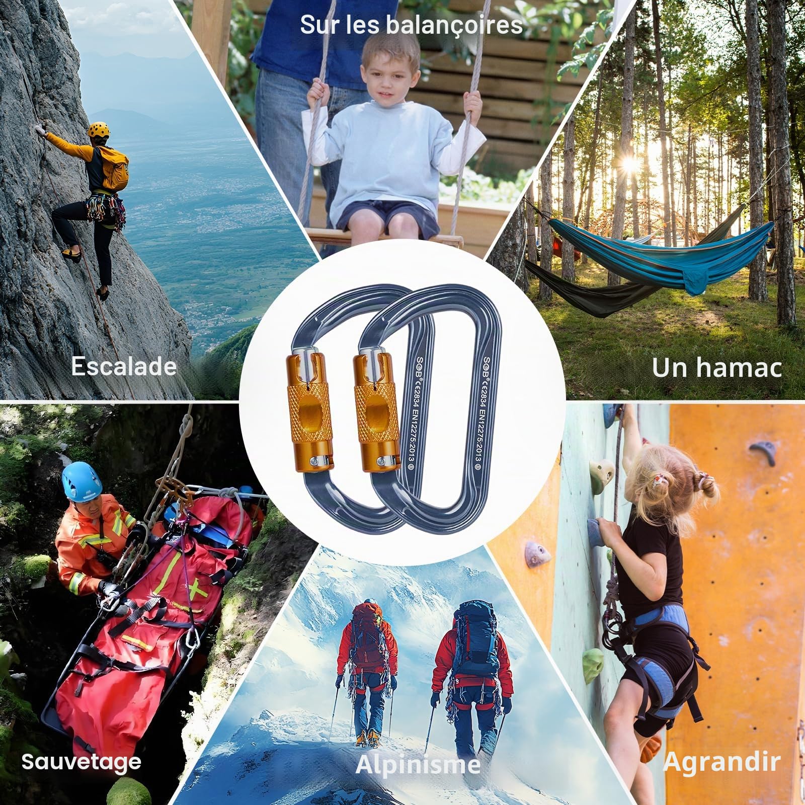 Mousquetons Escalade Clips, Mousqueton en Alliage d'aluminium, Mousquetons Robustes pour Escalade, Hamac, Camping, Randonnée, Ski, Vélo Descente en Rappel