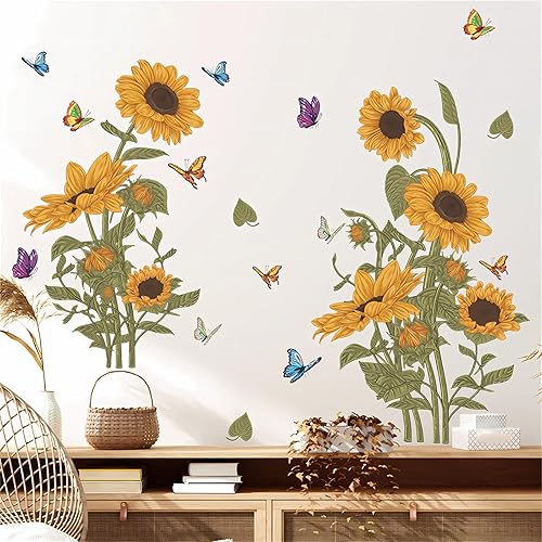 Calcomanías de pared de ramo de girasoles vintage, calcomanías de pared de plantas de arte floral de sacinora para pared, vinilo extraíble para sala