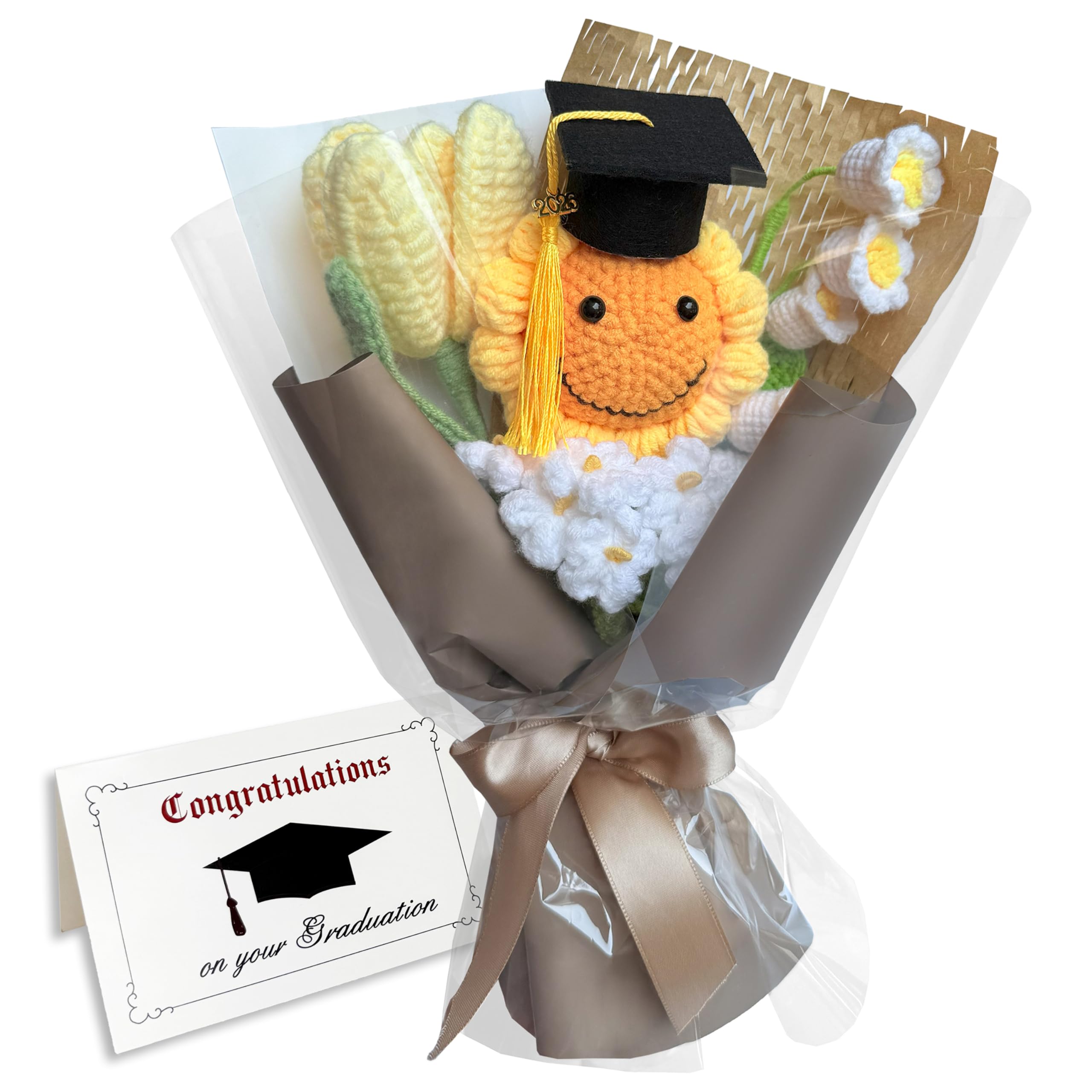 Graduation Gifts Sunflower Crochet Flowers Bouquet with Greeting Cards Handmade Knitted Artificial Flowers Home Decor