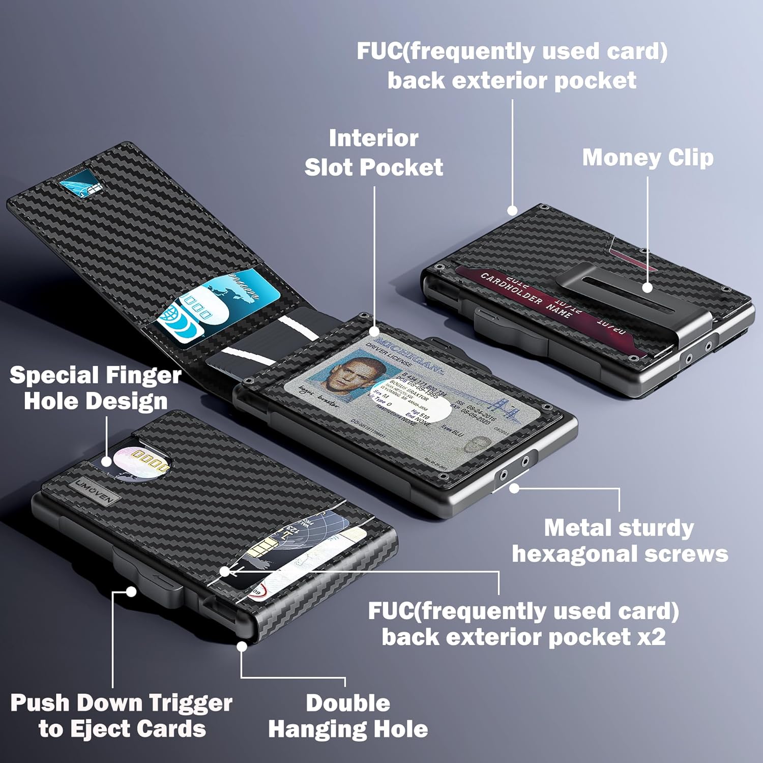 umoven Wallet for Men - Slim Leather RFID Blocking Bifold Minimalist Wallet with Metal Pop-Up Card Holder, Money Clip, Credit Card Slots - Men's Wallet, Carbon Fiber - Image 2