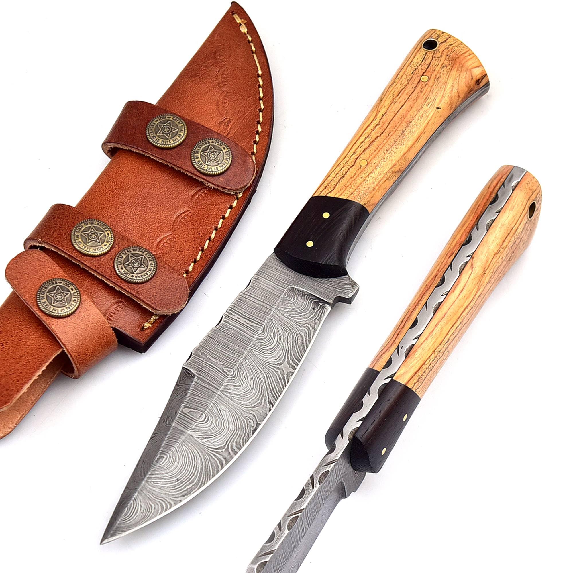 GladiatorsGuild 926 Custom Handmade Damascus Steel Small Fixed Blade Outdoor Camping Bushcraft Knife for men with Leather Sheath 926