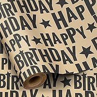 Vista 1 de RUSPEPA Rollo de papel de regalo de cumpleaños, mini rollo, texto de feliz cumpleaños negro en negrita con diseño de estrellas, papel de regalo