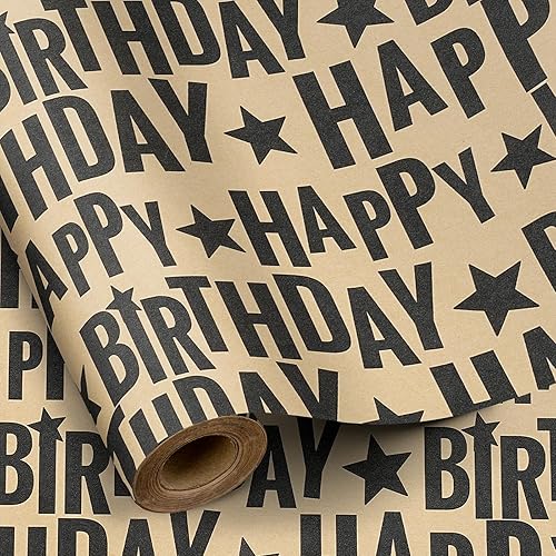 RUSPEPA Rollo de papel de regalo de cumpleaños, mini rollo, texto de feliz cumpleaños negro con diseño de estrellas, papel kraft para hombres,