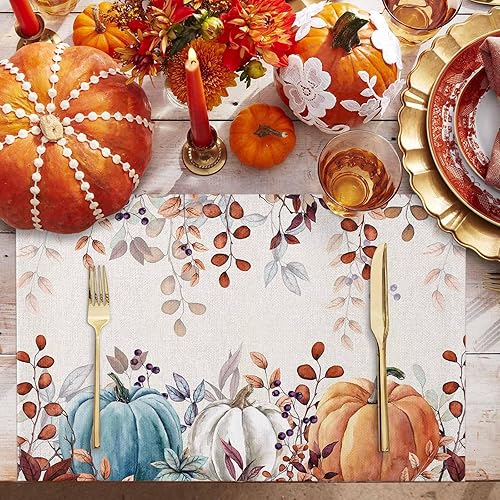 Miniatura 2 de Mantel individual de otoño de Acción de Gracias, acuarela, calabazas de otoño, hojas de eucalipto, resistente al calor, lavable, de lino, decoración