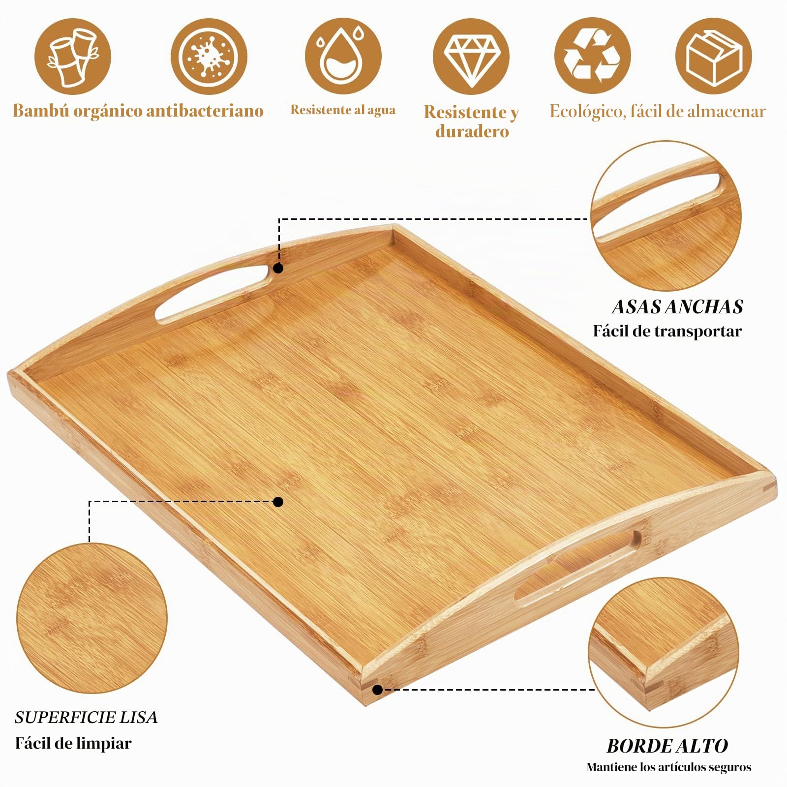 Bandeja de Bambú para Servir con Asas, Bandeja Madera Rectangular, Bandejas de Cocina para Desayuno, Comida, Té, Mesa de Café (50 × 40 CM)