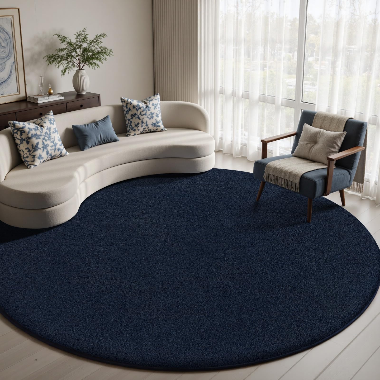 Treeboy Round Rug 120cm, Non-Slip Washable Fluffy Shaggy Navy Blue Area Rug, Soft Short Pile Circle Carpet for Living Room Bedroom Kids Room Hallway Entryway