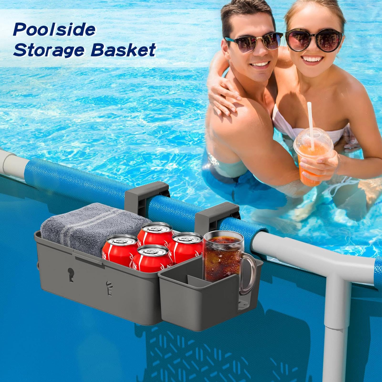 Pool Aufbewahrungskorb, Pool Korb aus Recyceltem Kunststoff, Frame Pool Kord mit Getränkehalter, Gartenpool Organizer Aufbewahrungsbox Pool Seitenkorb für Aufstellpool, Pool Zubehör